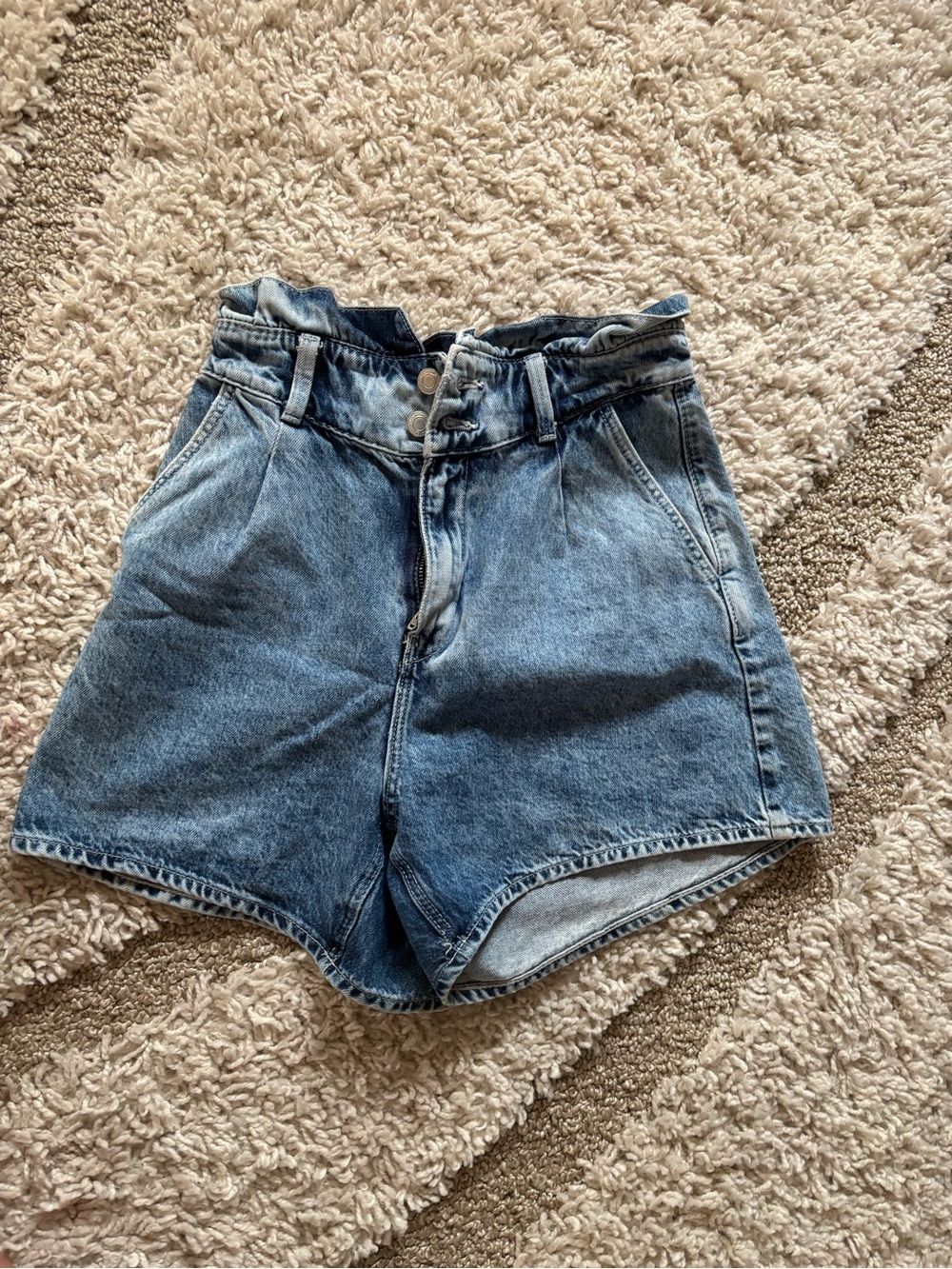 Bershka High-Waist Light Blue Paperbag Denim Shorts